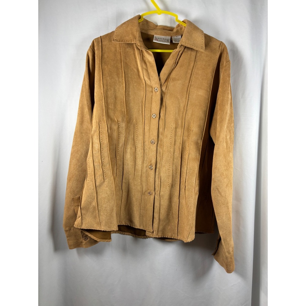 Hasting & Smith Womens Small Faux Suede Pintuck Button Down Shirt Camel Tan S